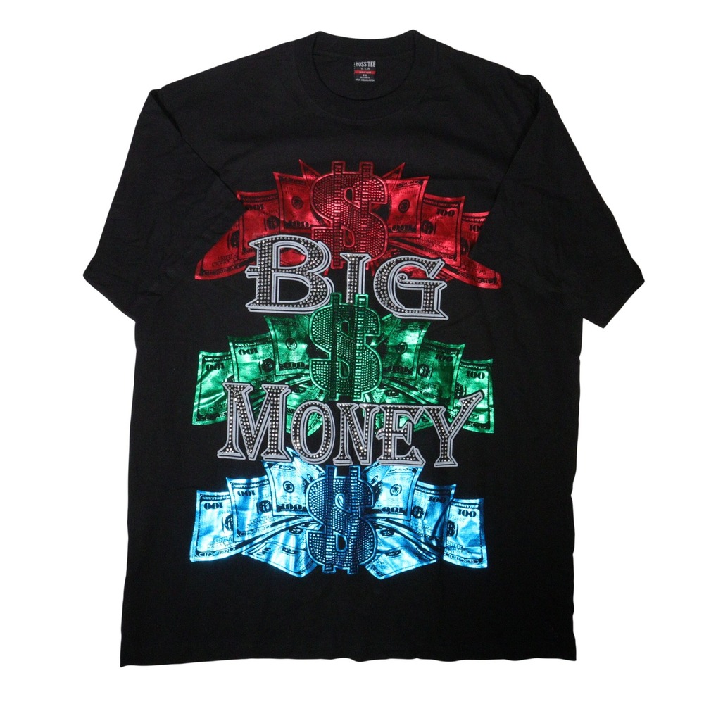 Vintage Y2K Hoss Tee Big Money Rhinestone 3D Foil Graphic Black Cotton Men 4XL